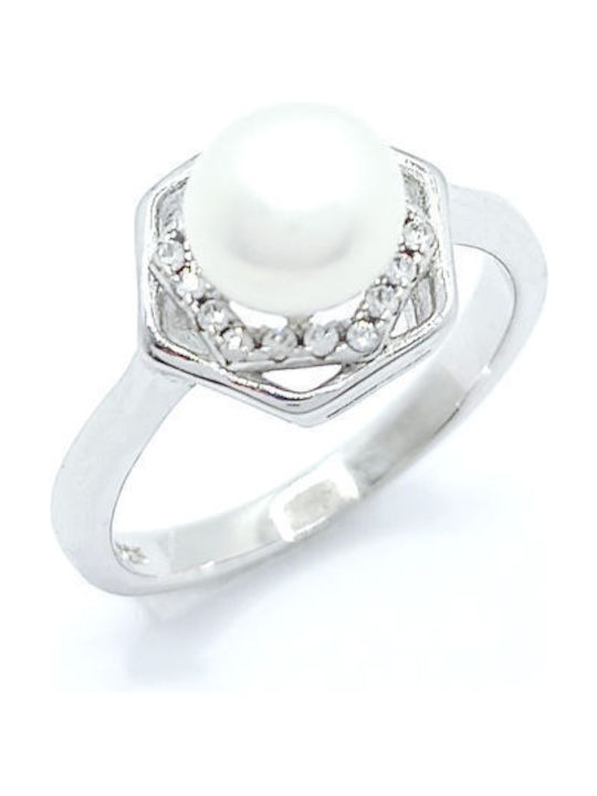 PS Silver Women's Silver Ring with Pearl & Zircon