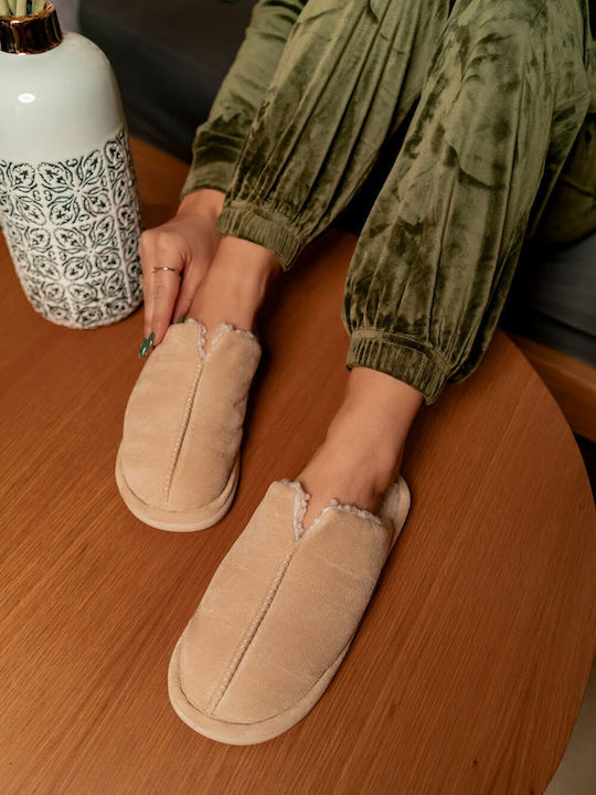 Ligglo Closed Women's Slippers With fur in Beige color