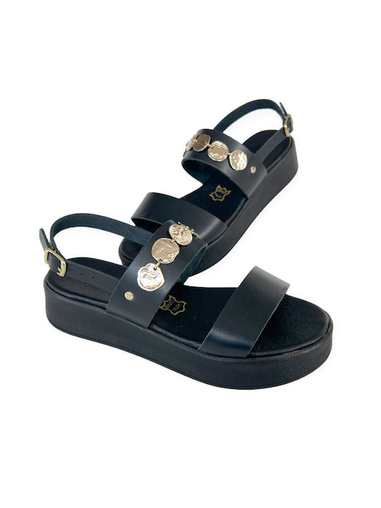 Gkavogiannis Sandals Leder Damen Flache Sandalen Flatforms in Schwarz Farbe