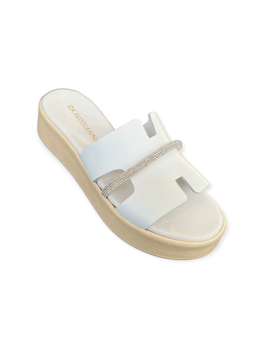 Gkavogiannis Sandals Leather Women's Flat Sandals Flatforms in White Color