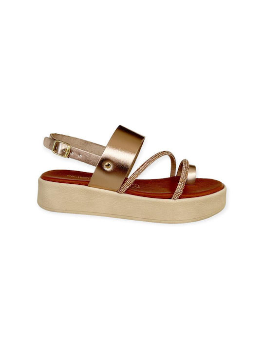 Gkavogiannis Sandals Δερμάτινα Γυναικεία Σανδάλια Flatforms σε Χρυσό Χρώμα