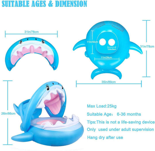 Kids Swimtrainer Float with Length 95cm and Sunshade for 3 Years and Up Light Blue Shark Shark