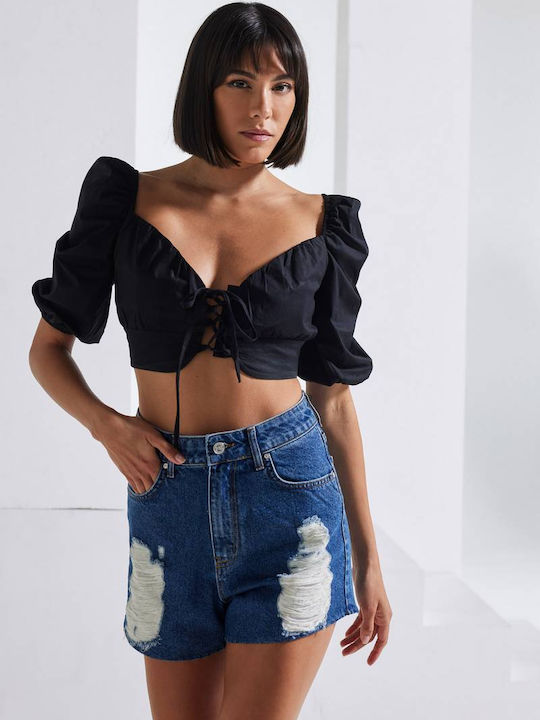 Γυναικείο Crop Top με Μανίκι 3/4 Καλοκαιρινό Μαύρο