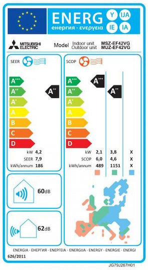 Mitsubishi Electric MSZ-EF VGK Климатици Инвертор 14000 BTU A++/A++ с WiFi и Разширен Филтър със Сребърни Йони