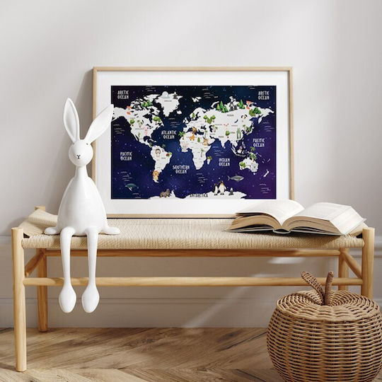 Walls Kids Wall Art Framed White Map Animals