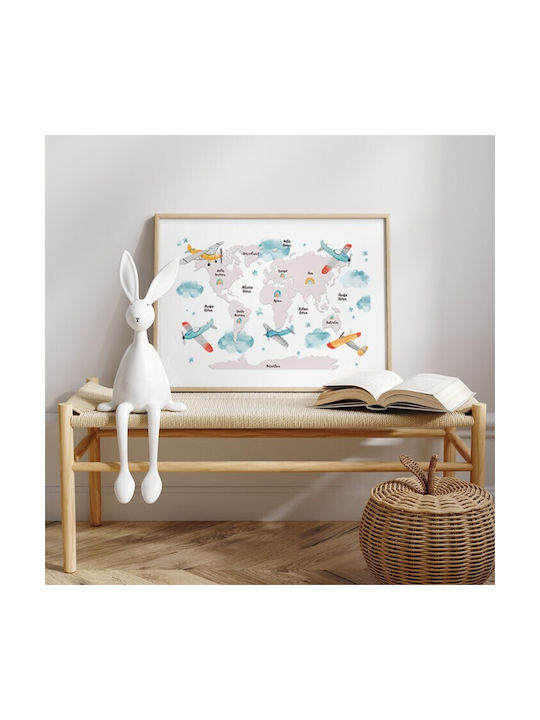 Walls Kids Wall Art World Map Airplanes with White Wooden Frame 30x20cm