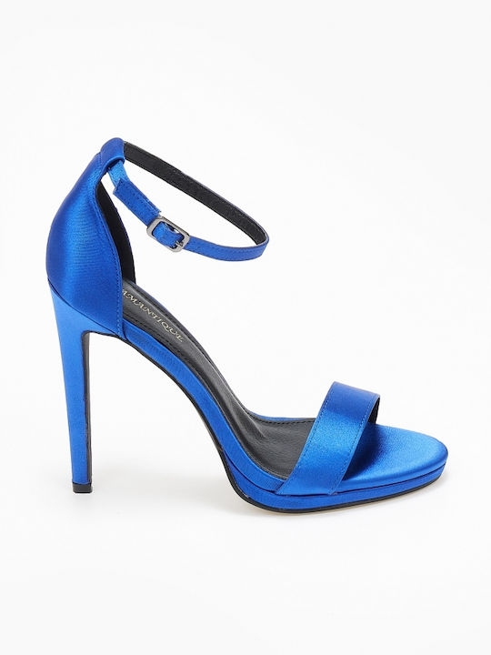 Issue Fashion Fabric Women's Sandals with Ankle Strap Blue with Thin High Heel 0209/8004871