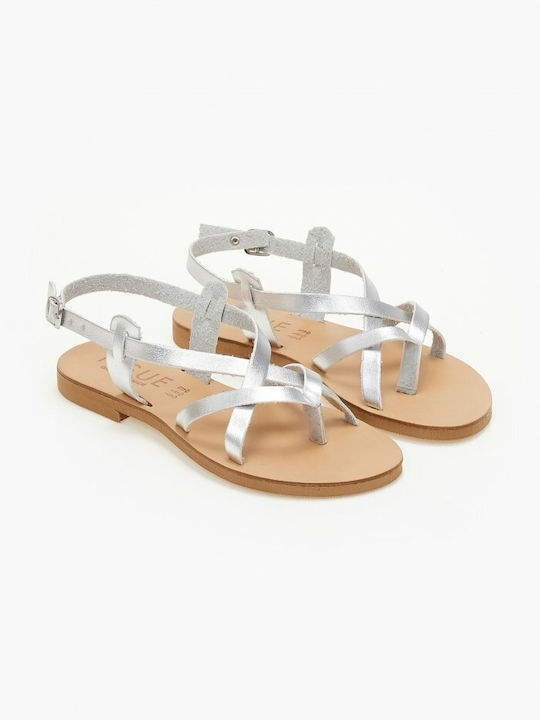 Issue Fashion Leather Women's Flat Sandals in Silver Color