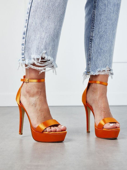 Louizidis Platform Fabric Women's Sandals with Ankle Strap Orange with Thin High Heel M0922-02
