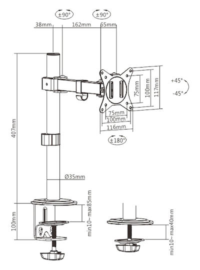 Brateck Stand Desk Mounted Monitor up to 32" with Arm (LDT66-C011)