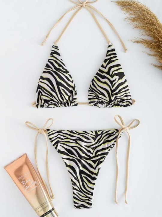 Set Bikini Triunghi Cu Burete Detașabil Animal Print Bej