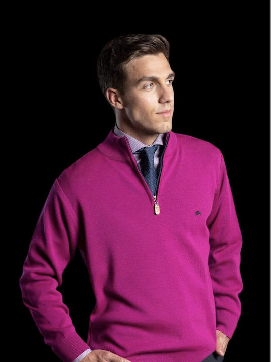 Makis Tselios Fashion Men's Long Sleeve Sweater with Zipper Fuchsia