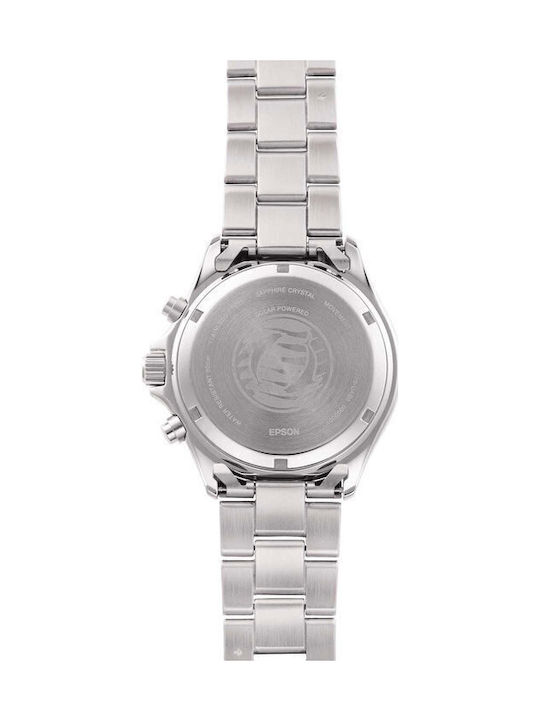 Orient Ανδρικό Ρολόι 42.8mm Χρονογράφος Solar με Ασημί Μεταλλικό Μπρασελέ