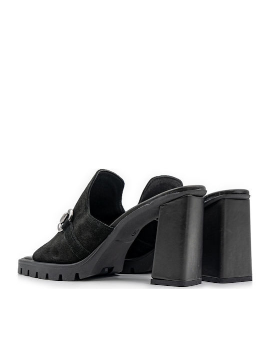 Leather Mules with Chunky High Heel in Black Color