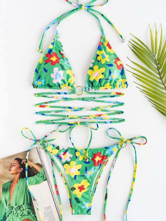 Set Bikini Triunghi Cu Burete Detașabil & Brazilia Floral Verde