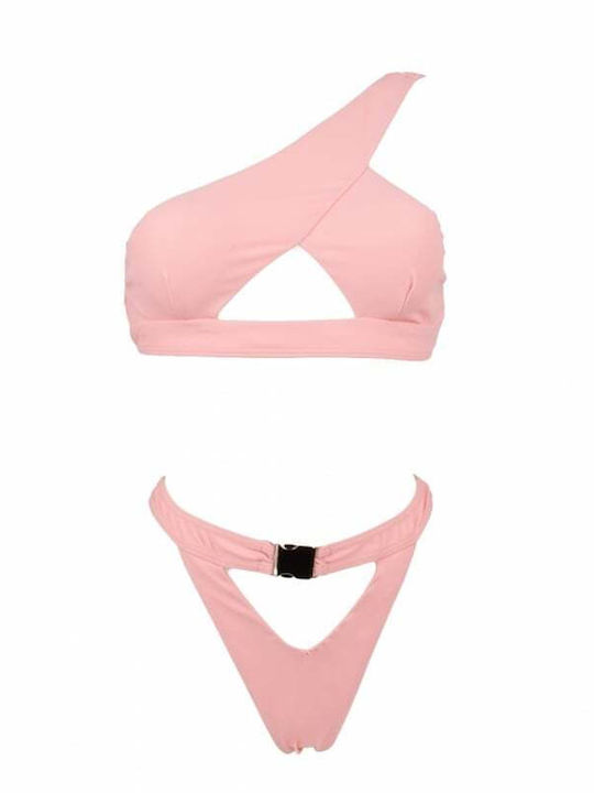 Set Bikini Un Umăr Cu Burete Detașabil Talie Înaltă Roz