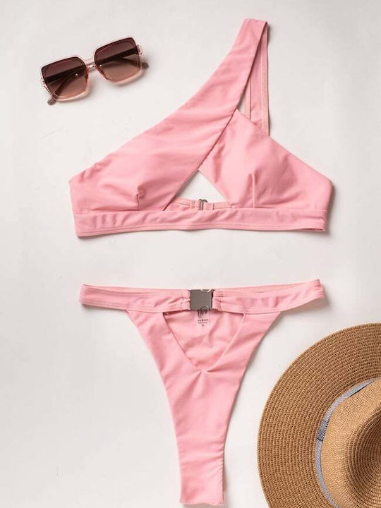 Set Bikini Un Umăr Cu Burete Detașabil Talie Înaltă Roz
