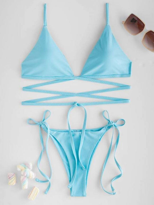 Set Bikini 3 Pieces Triangle with Removable Padding and Brazil High Waist Light Blue