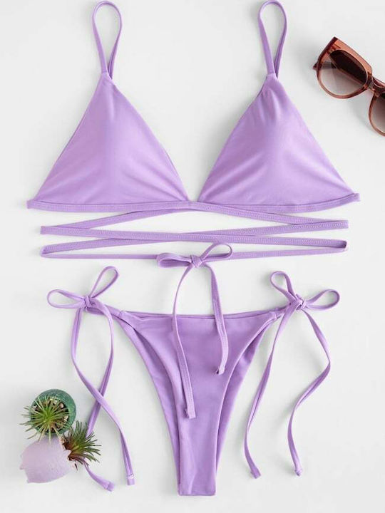 Set Bikini 3 Pieces Triangle with Removable Padding and Brazil High Waist Lilac