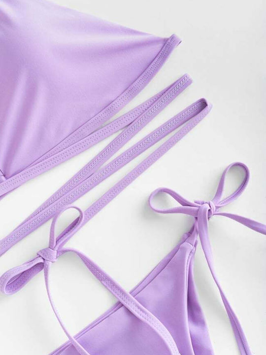 Set Bikini 3 Pieces Triangle with Removable Padding and Brazil High Waist Lilac