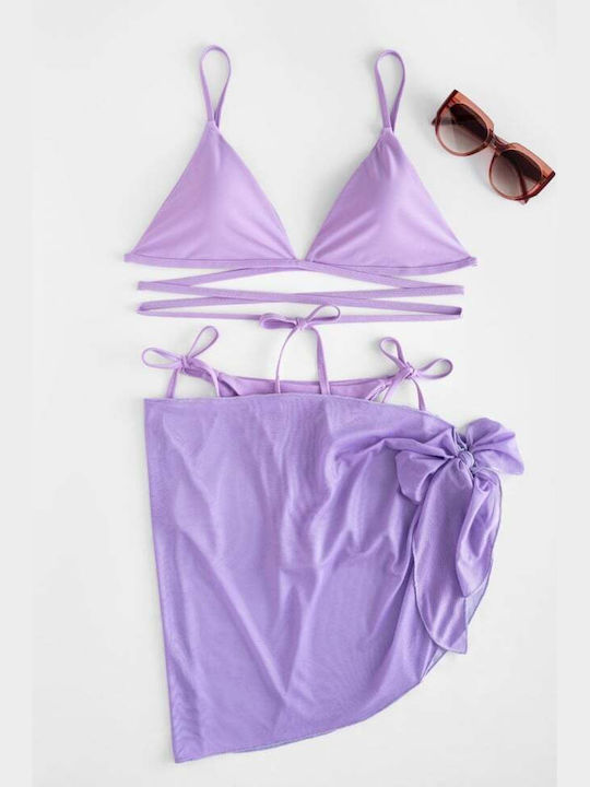 Set Bikini 3 Pieces Triangle with Removable Padding and Brazil High Waist Lilac