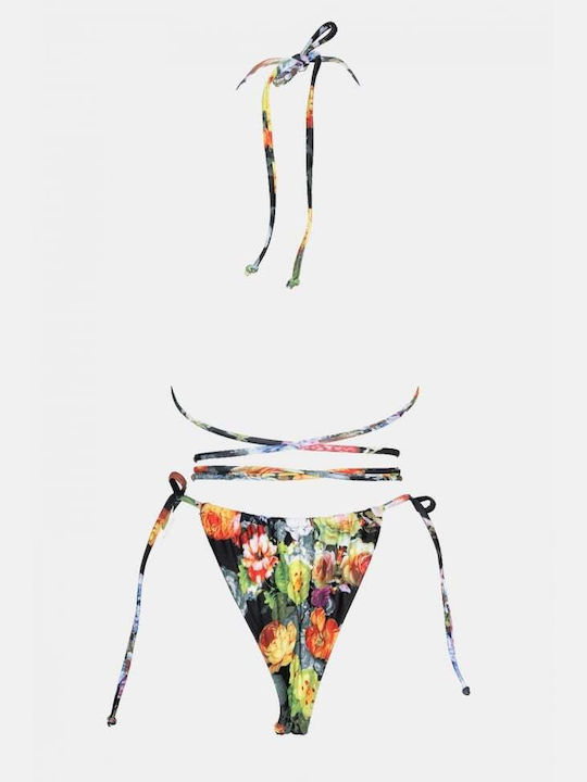 Set Bikini Triunghi & Brazilia Talie Înaltă Floral Negru