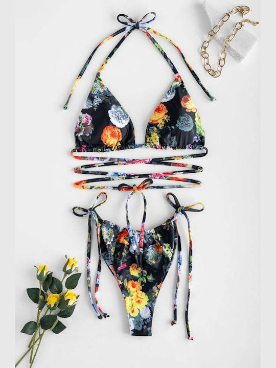 Set Bikini Triunghi & Brazilia Talie Înaltă Floral Negru