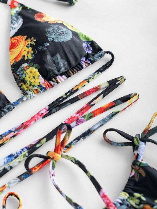 Set Bikini Triunghi & Brazilia Talie Înaltă Floral Negru