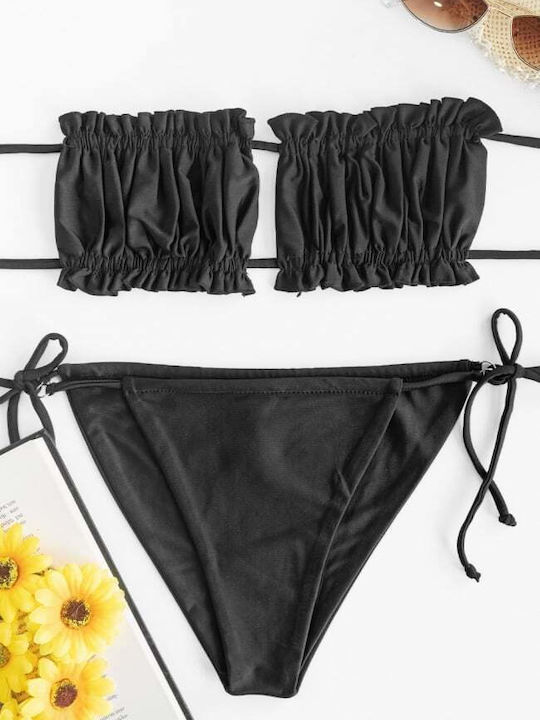 Decoro Bikini Set Strapless Top & Brazil Bottom with Laces Black