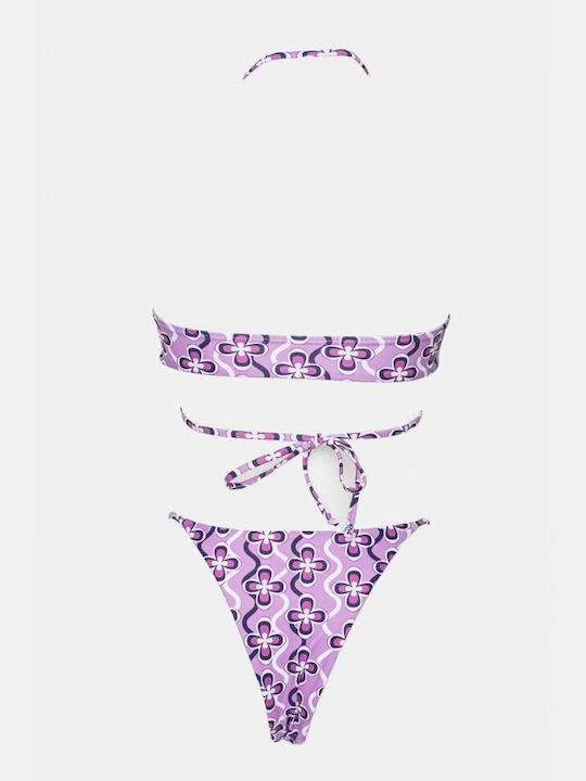 Bikini-Set 3 Stücke mit Abnehmbarer Verstärkung Brasilien Blumen Lila