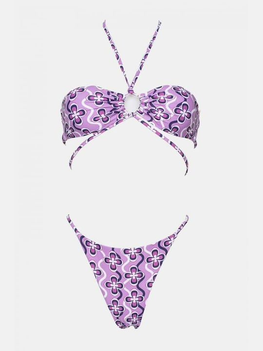 Bikini-Set 3 Stücke mit Abnehmbarer Verstärkung Brasilien Blumen Lila