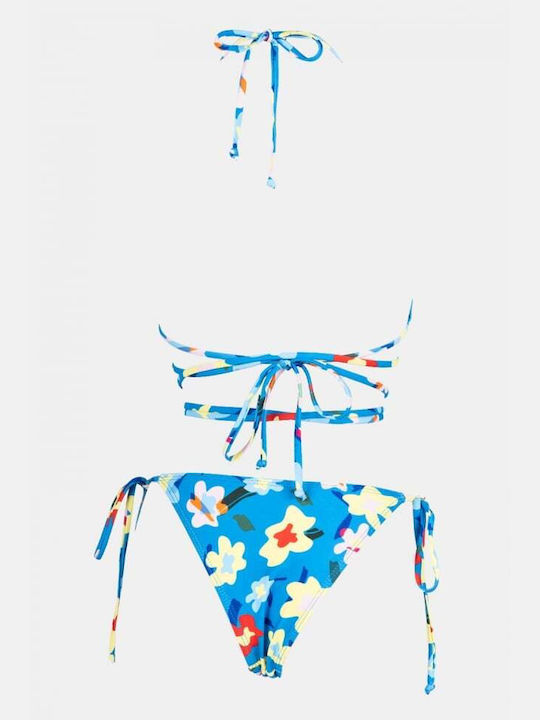 Set Bikini Dreieck Oberteil mit Abnehmbarer Verstärkung & Brasilien Blumen Blau