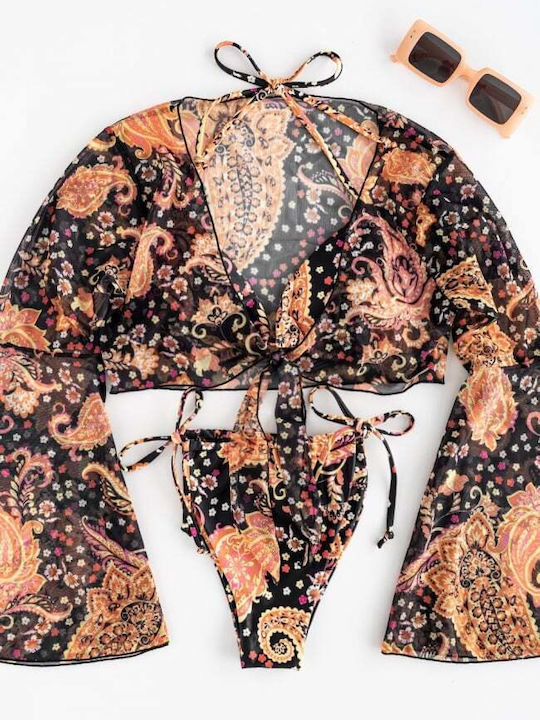 Set Bikini 3 Pieces Triangle with Removable Padding Brazil Floral Orange