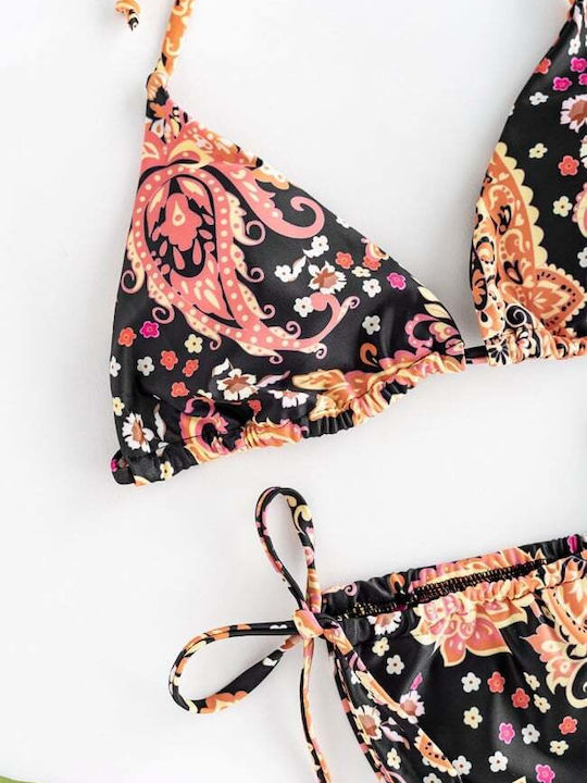 Set Bikini 3 Pieces Triangle with Removable Padding Brazil Floral Orange