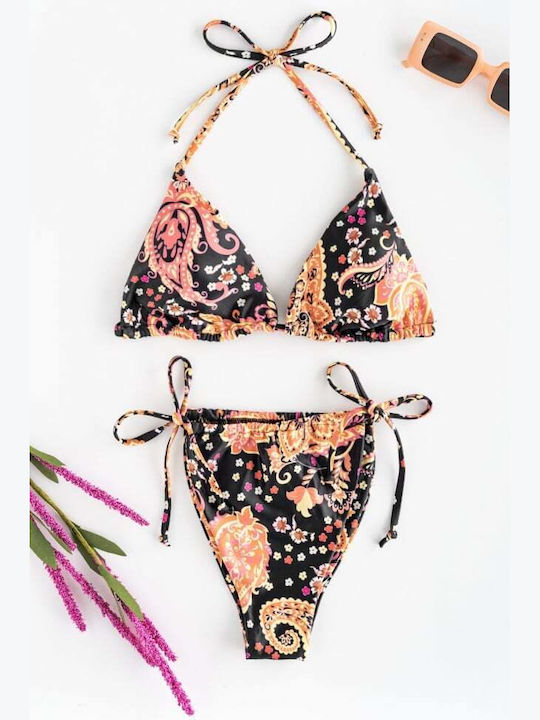Set Bikini 3 Pieces Triangle with Removable Padding Brazil Floral Orange