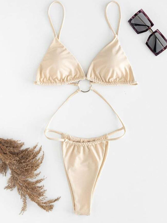 Set Bikini Triunghi Cu Burete Detașabil Talie Înaltă Bej