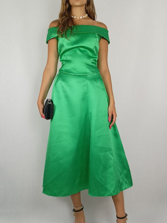 Desiree Satin High Waist Midi Skirt in Green color