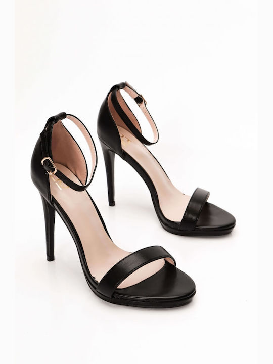 Luigi Platform Synthetic Leather Women's Sandals with Ankle Strap Black with Chunky High Heel