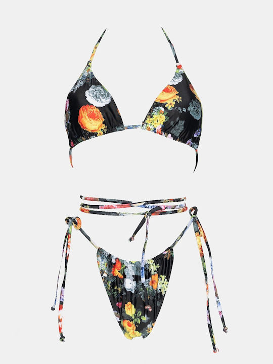 Set Bikini Triunghi & Brazilia Talie Înaltă Floral Negru