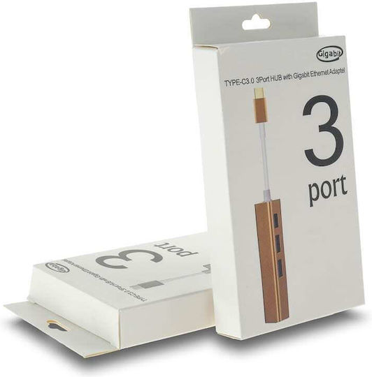 Hub 3 Θυρών USB 3.0 με σύνδεση USB-C / Ethernet Χρυσό