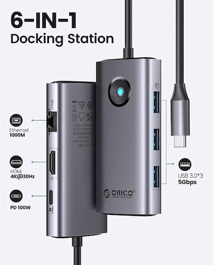 Orico USB-C Docking Station με HDMI 4K PD και σύνδεση 2 Οθονών Γκρι (PW11-6PR-GY-EP)