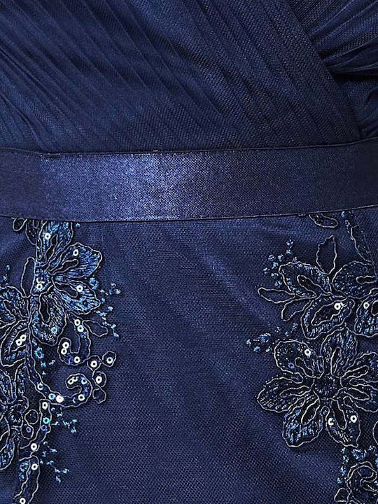 Summer Midi Evening Satin Wrap Dress with Lace Navy Blue DR3337QZ Navy