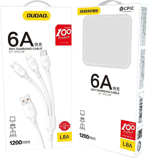 Dudao L8A Reguläres USB-zu-Blitzschlag / Typ-C / Micro-USB Kabel 6A Weiß 1,2m 304004-148692