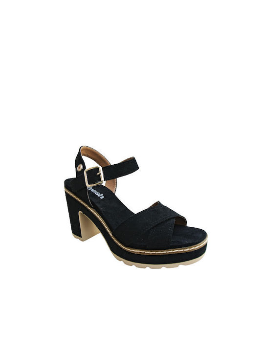 Refresh Anatomic Platform Suede Women's Sandals Black with Chunky High Heel