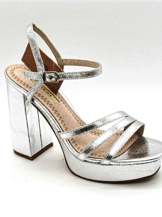 Corina Platform Women's Sandals with Ankle Strap Silver with Chunky High Heel