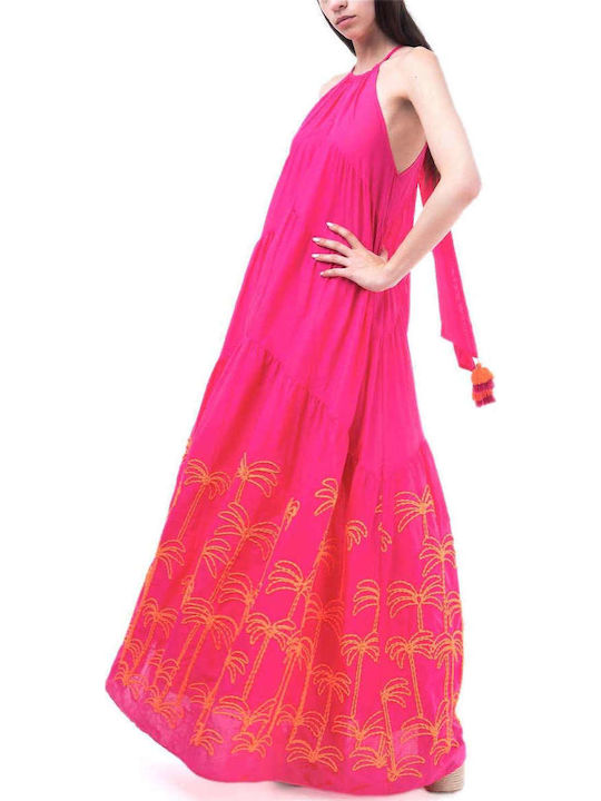 Sommer Maxi Abendkleid mit Spitze Fuchsie M-8383