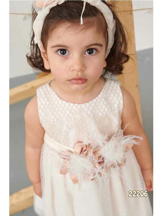 Bonito Baby Beige Baptism Clothing Set with Hair Accessories & Dress made of Tulle 2pcs