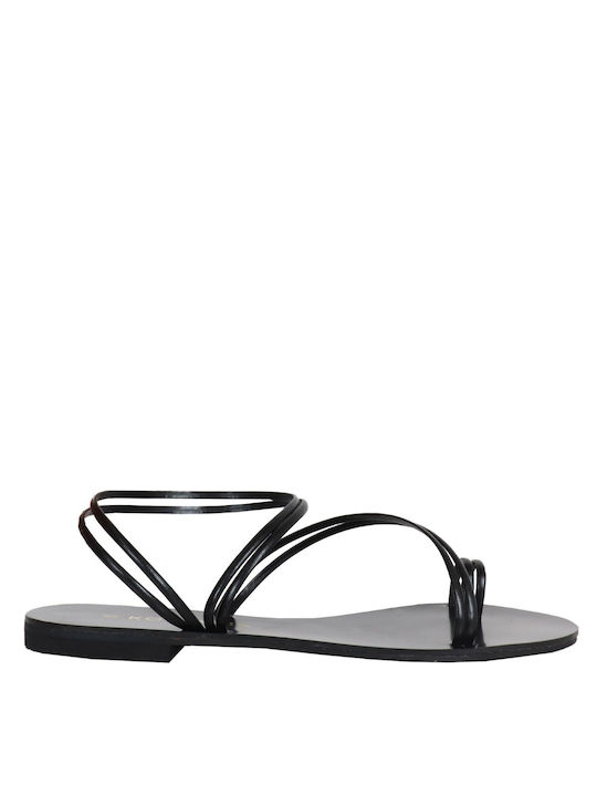 koniaris Leather Women's Flat Sandals in Black Color