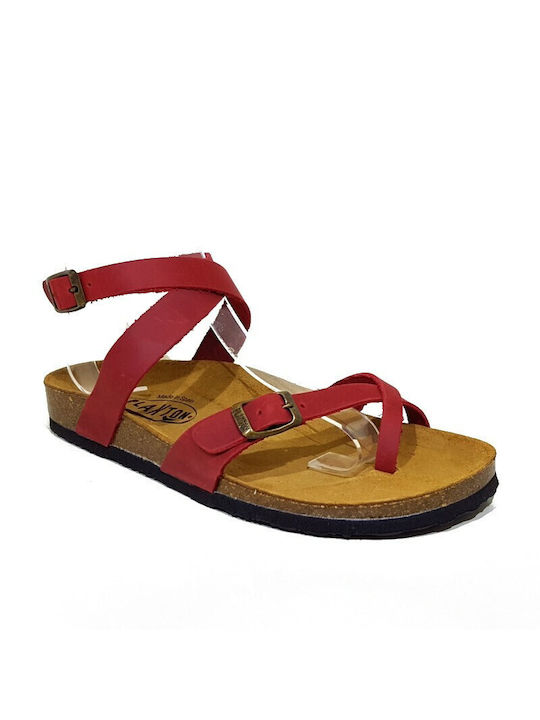 Plakton Leather Women's Flat Sandals Anatomic with Strap Apure Rojo