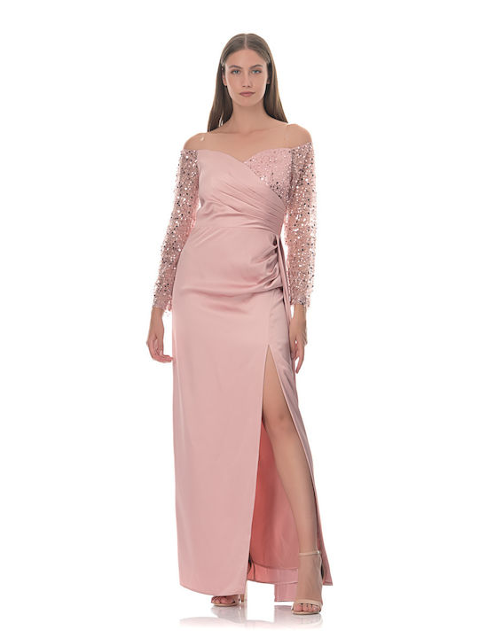 Farmaki Sommer Maxi Abendkleid Satin Rosa